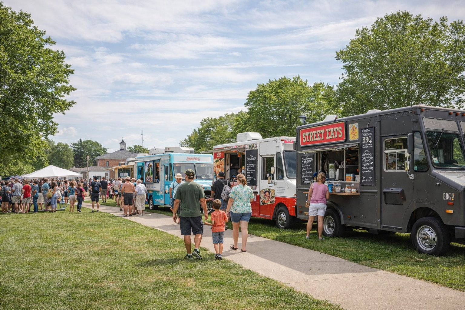 Food trucks serving visitors at an outdoor market