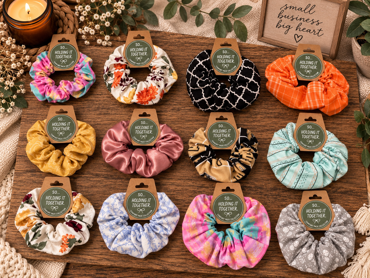So This Is Life – Hand-sewn scrunchies, headbands, keychains, corn packs, and pillows